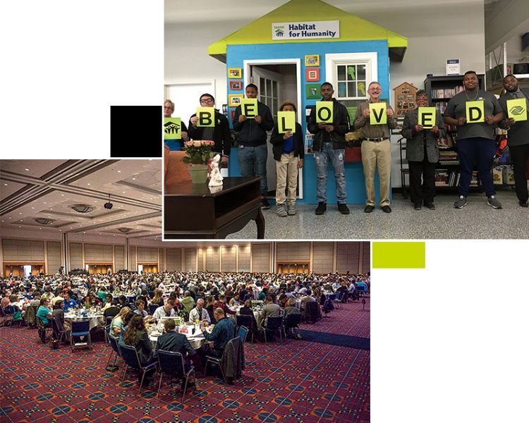 Composite. Left: a large hotel ballroom full of people at tables discusses affordable, accessible housing. Left: a group of people hold up a series of signs spelling out "beloved" with the Habitat for Humanity and Boys & Girls Clubs logos on either end. Behind them is a plywood house painted bright blue and green with artwork hung on the outside and the Coastal Habitat for Humanity logo on the roof.