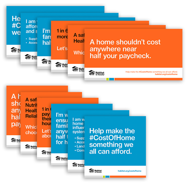 A stack of Cost of Home cards. The first one reads, "A home shouldn't cost anywhere near half your paycheck."
