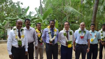 His Excellency Tung-Lai Margue, Ambassador and Head of Delegation of the European Union to Sri Lanka and the Maldives, being welcomed by the homeowners at the project site in Kilinochchi, Sri Lanka.
