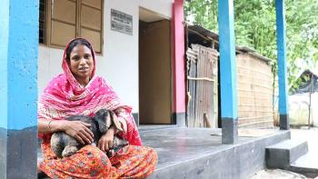 Shirin on the porch of her home in Taragai village, Mymensingh district, Bangladesh