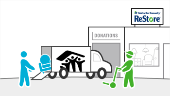 graphic showing someone donating a chair at Habitat ReStore.