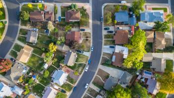Aerial view of houses in a neighborhood
