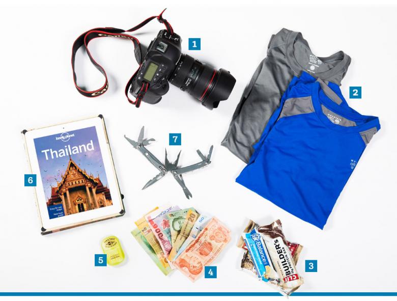 Camera, shirts, protein bars, local currency, travel detergent, tablet, multitool, pack like a pro, Habitat for Humanity