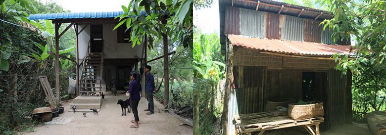 (Left) Kimchheng and her son Tibe in front of their Habitat house; (right) their old house that leaked during heavy rains