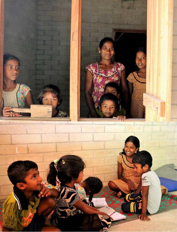 (Top) Yogendra and her daughter Thenuja with neighbors' children at window. (Bottom) Thenuja tutoring the children at her home.
