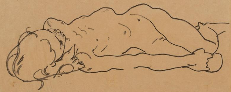 A photo of a line drawing of a human figure laying down.