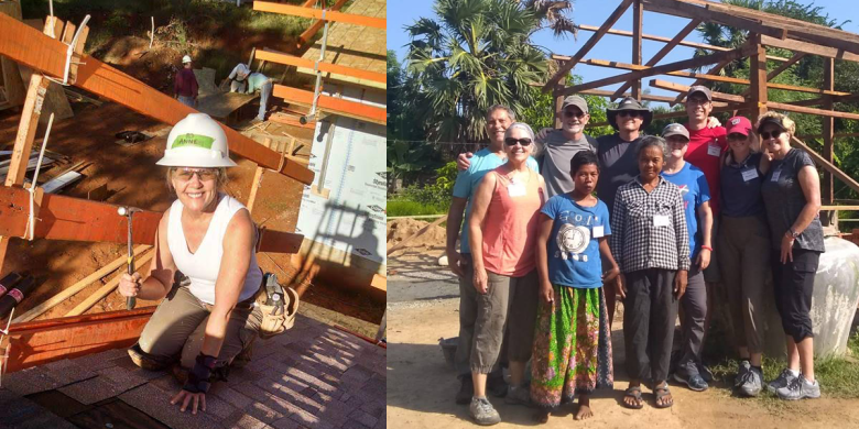 Anne Lowrance working on Habitat house - left, and posing with Global Village volunteers on build site - right