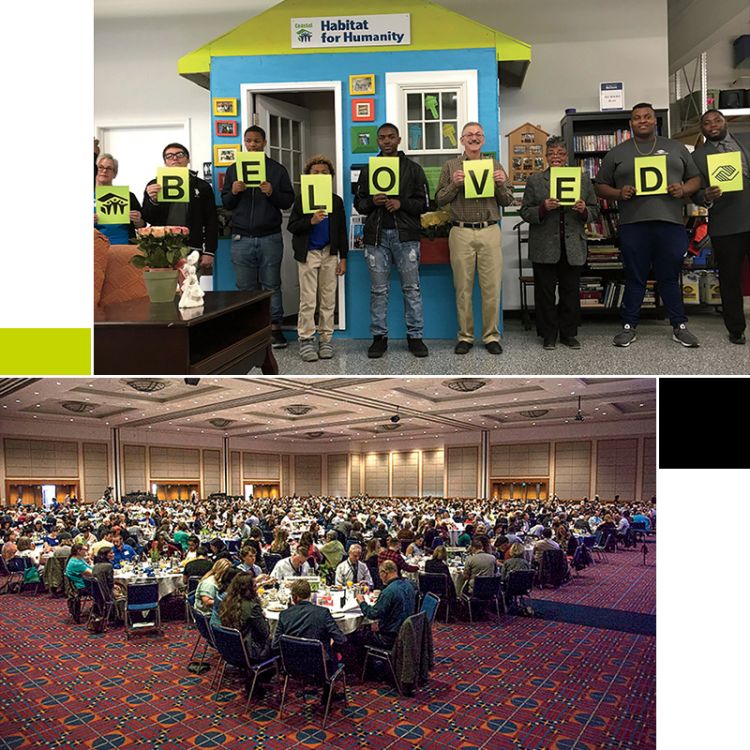 Composite. Top: a group of people hold up a series of signs spelling out "beloved" with the Habitat for Humanity and Boys & Girls Clubs logos on either end. Behind them is a plywood house painted bright blue and green with artwork hung on the outside and the Coastal Habitat for Humanity logo on the roof. Bottom: a large hotel ballroom full of people at tables discusses affordable, accessible housing.