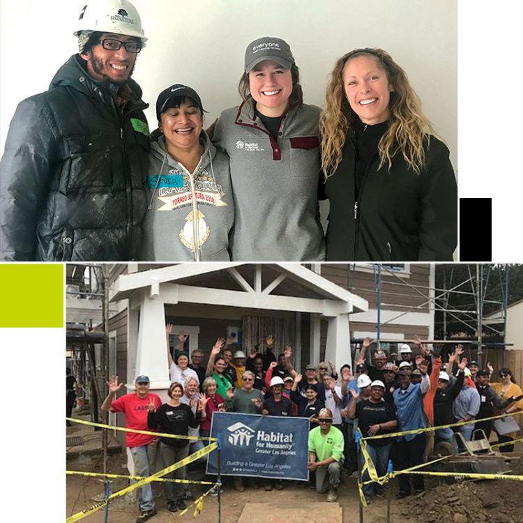 Composite.   Top: A group portrait of four volunteers (a young black man, a middle-aged Latina woman, and two young white women).   Bottom: a large group of volunteers smiles and waves in front of a Habitat house under construction.