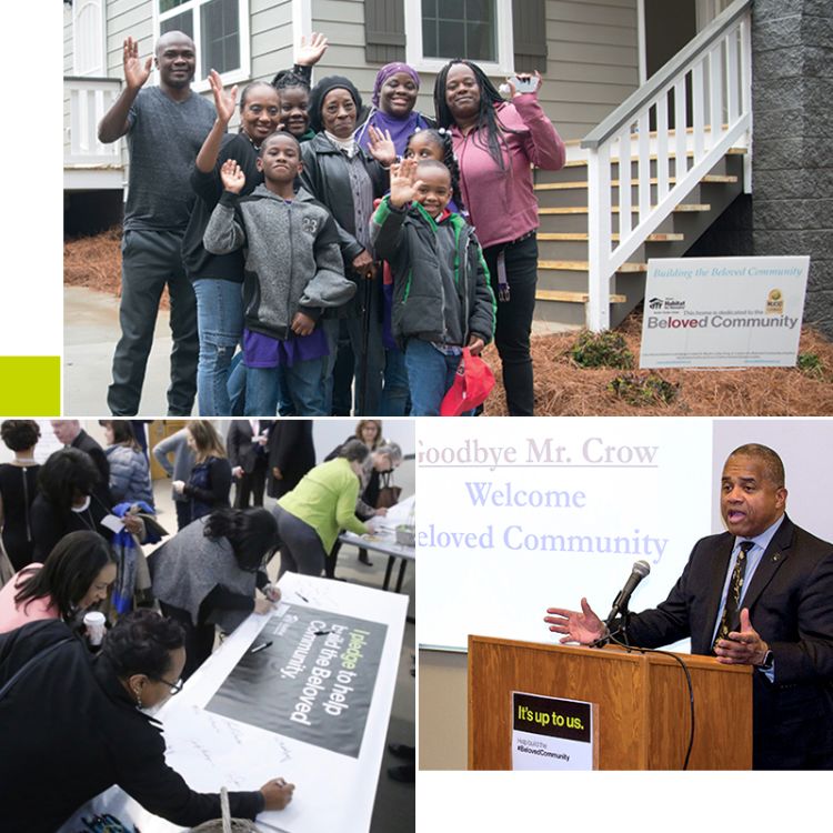 Top: a family smiles and waves in front of their newly built Habitat home with a yard sign for Atlanta Habitat's Beloved Community build event.  Bottom left: a room full of people gathers around two tables leaving their signatures on two large signs with "I pledge to help build the Beloved Community" and the Habitat for Humanity logo.  Bottom right: a man in a suit gestures as he speaks from a podium. Behind him is a whiteboard with a slide projected on it reading "Goodbye Mr. Crow, Welcome Beloved Community." The podium has a sign on it with "It's up to us #BelovedCommunity" and the Habitat for Humanity of Kent County logo. 