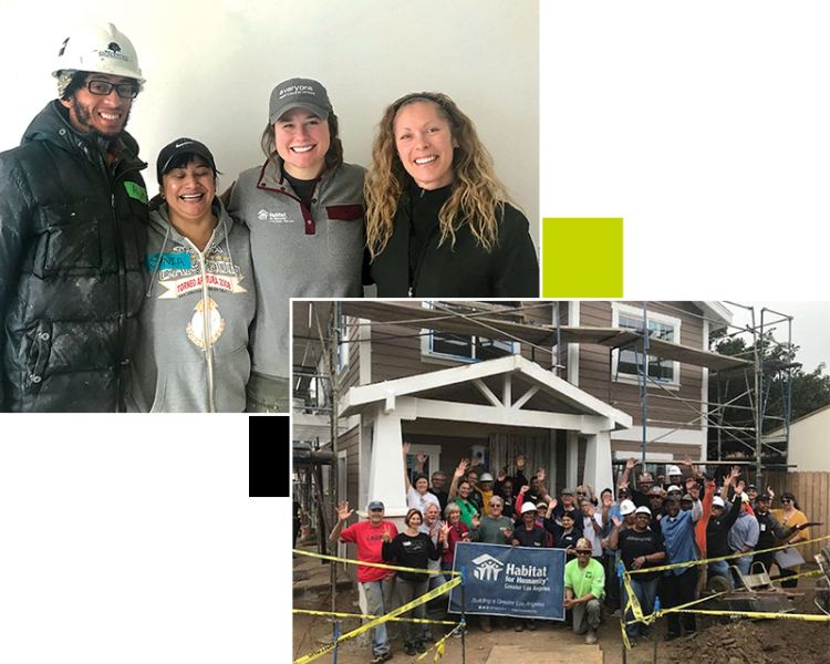 Composite.   Left: A group portrait of four volunteers (a young black man, a middle-aged Latina woman, and two young white women).   Right: a large group of volunteers smiles and waves in front of a Habitat house under construction.
