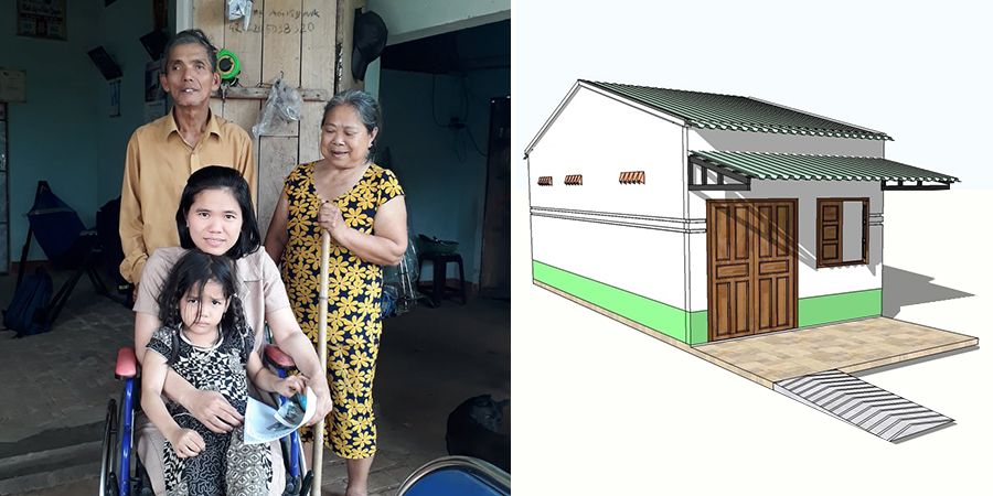 Left: Binh, a young Vietnamese woman with her daughter Giao and her parents, standing in the small home they shared together. Right: a line drawing of a small white and green cement-brick structure with a ramp to a covered front porch.