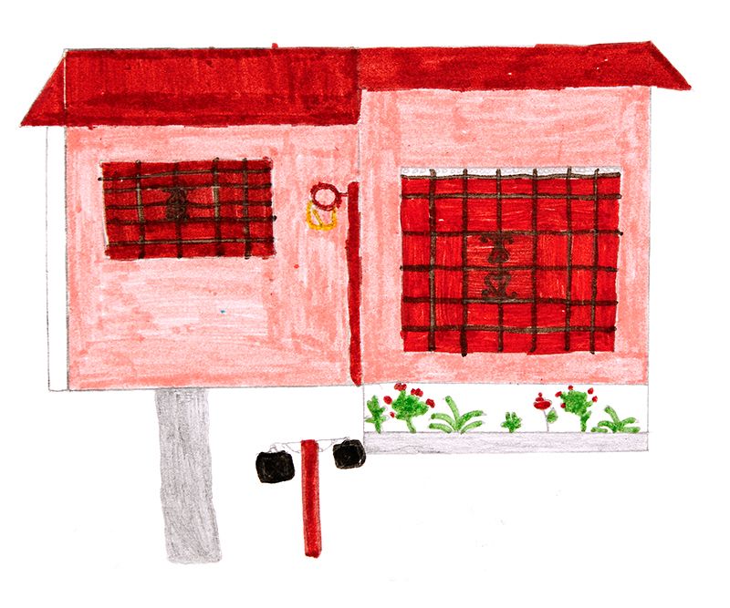 Marker drawing of Katherine's house, a pink and red one-story home with a flower planter and mailbox in front.
