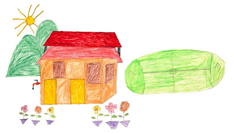 Crayon drawing of Raju's home, a bright orange house with yellow doors and red roof and a cheerful flower garden in front. Behind the house are green hills and a soccer field.