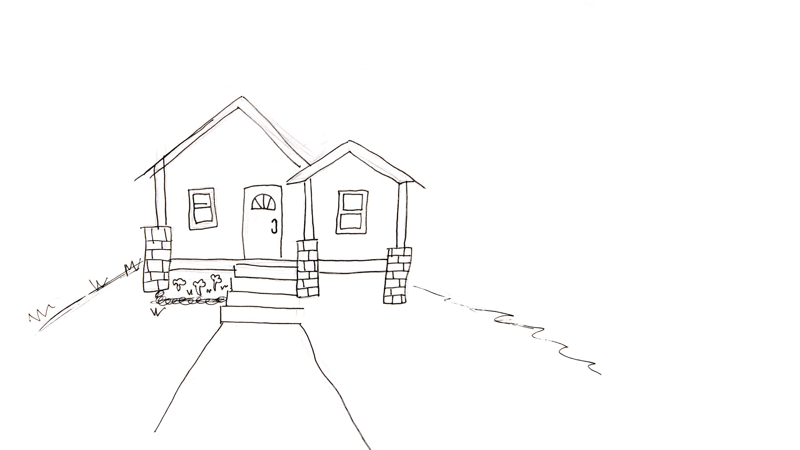 Pen and ink drawing of Melanie's house, a simple one-story home with a walkway to the front porch steps.