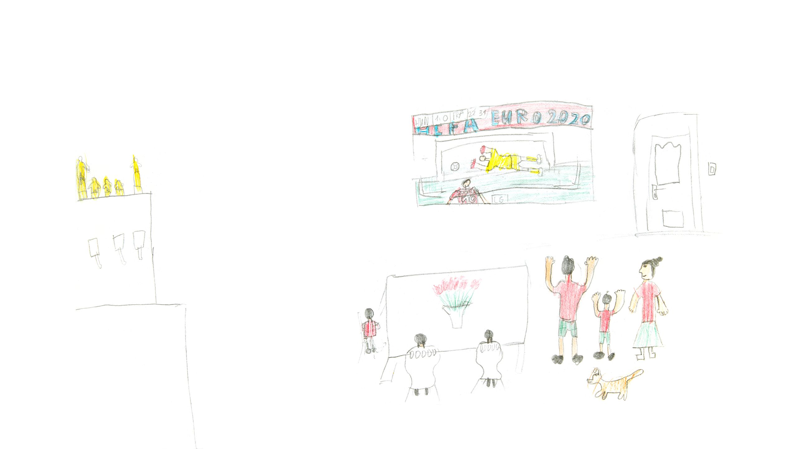 Pencil and crayon drawing of Kristian's living room, with his family cheering on their favorite fútbol team on TV.