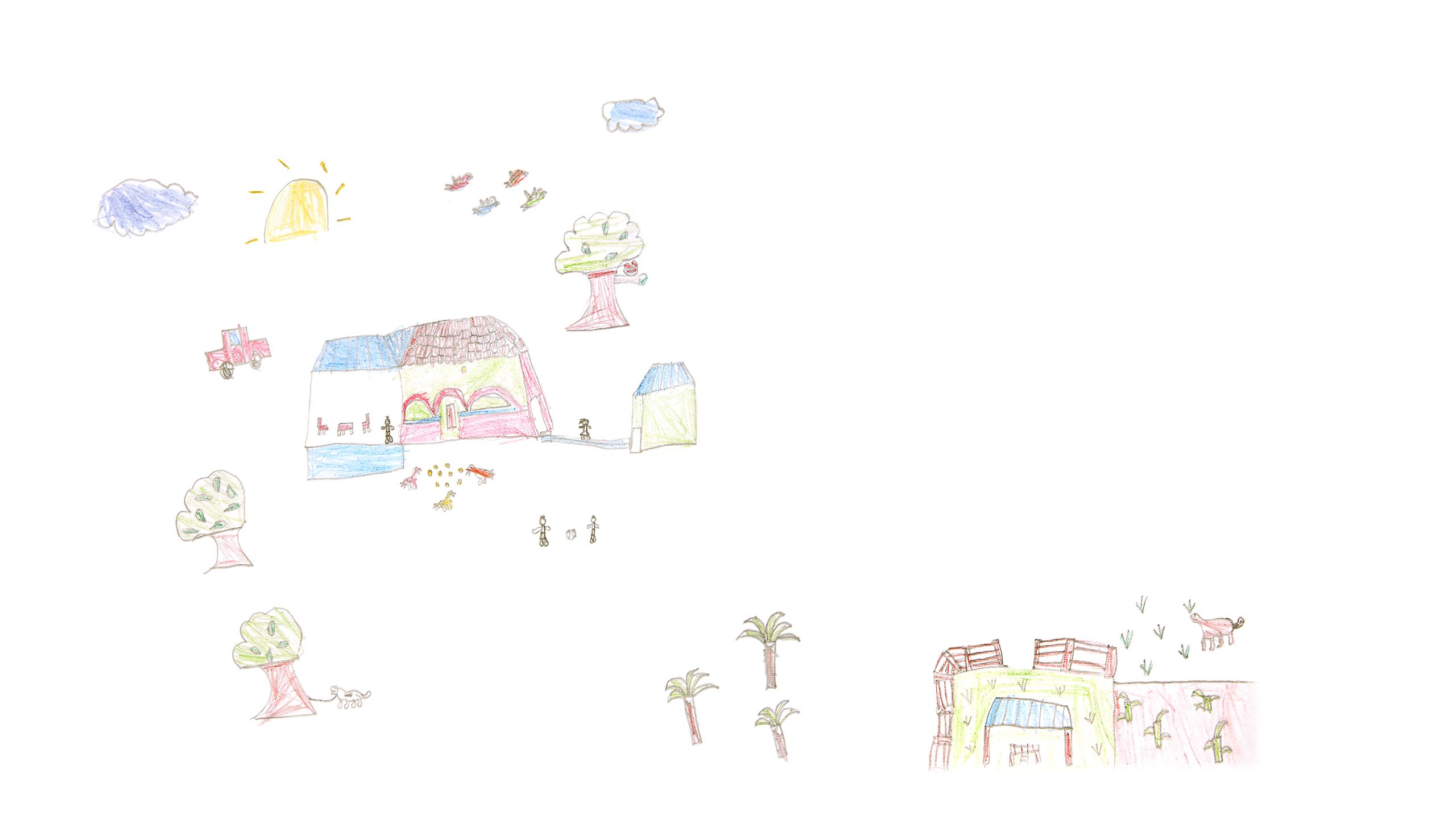 Colored pencil drawing of Gustavo's home, including his blue and red house, trees, dogs, birds, the fields nearby, kids playing soccer, and a cheerful sun.