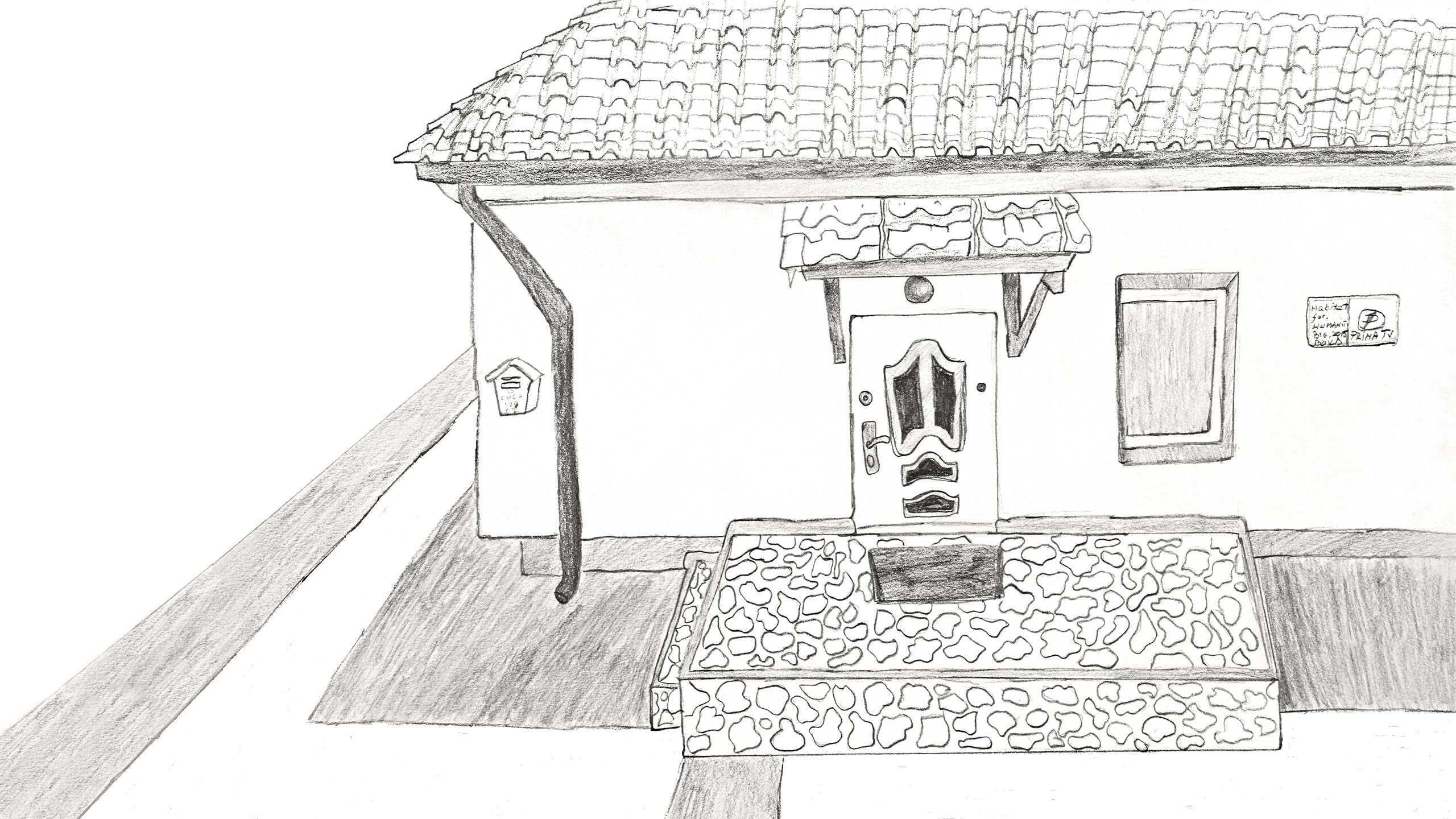 Pencil drawing of Alessia's house, with a tile roof and stone porch.
