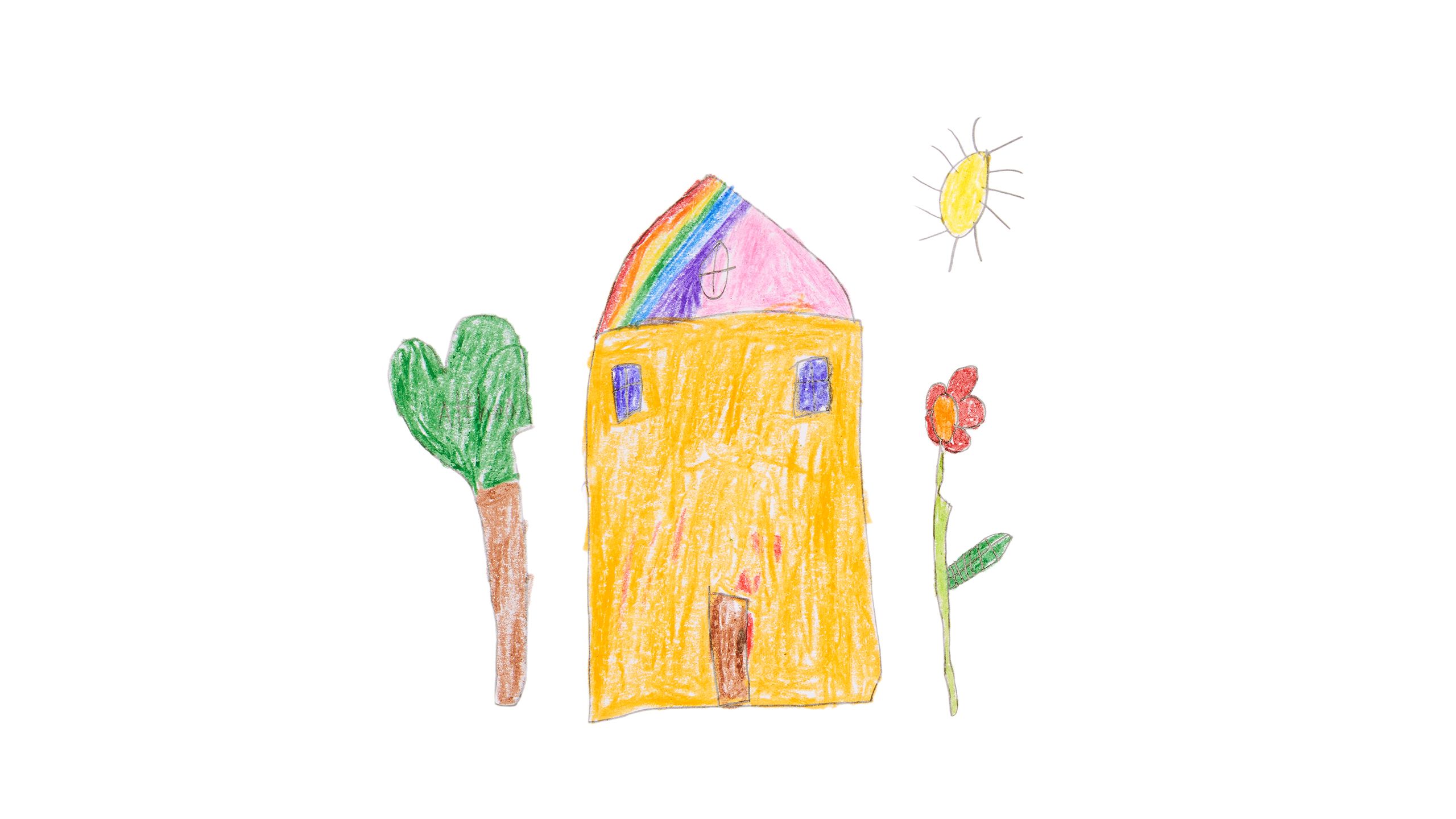 Crayon drawing of a bright yellow house with a pink and rainbow roof, flanked by a tree and tall red flower.