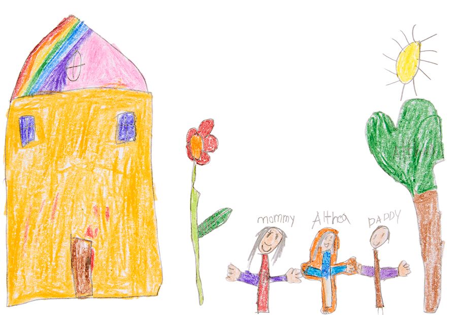 Althea's crayon drawing of her home, a bright yellow house with a rainbow roof. Outside are a flower and a tree with her family (Mommy, Althea and Daddy) outside.