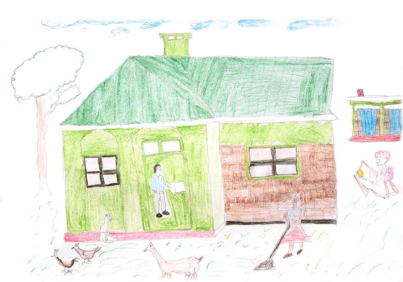 Pencil and crayon drawing of Kelvin's home, a bright green and brown house with a deeper green roof. He and his family works around the house doing chores, and their chickens, goat and pet cat wander the front yard.