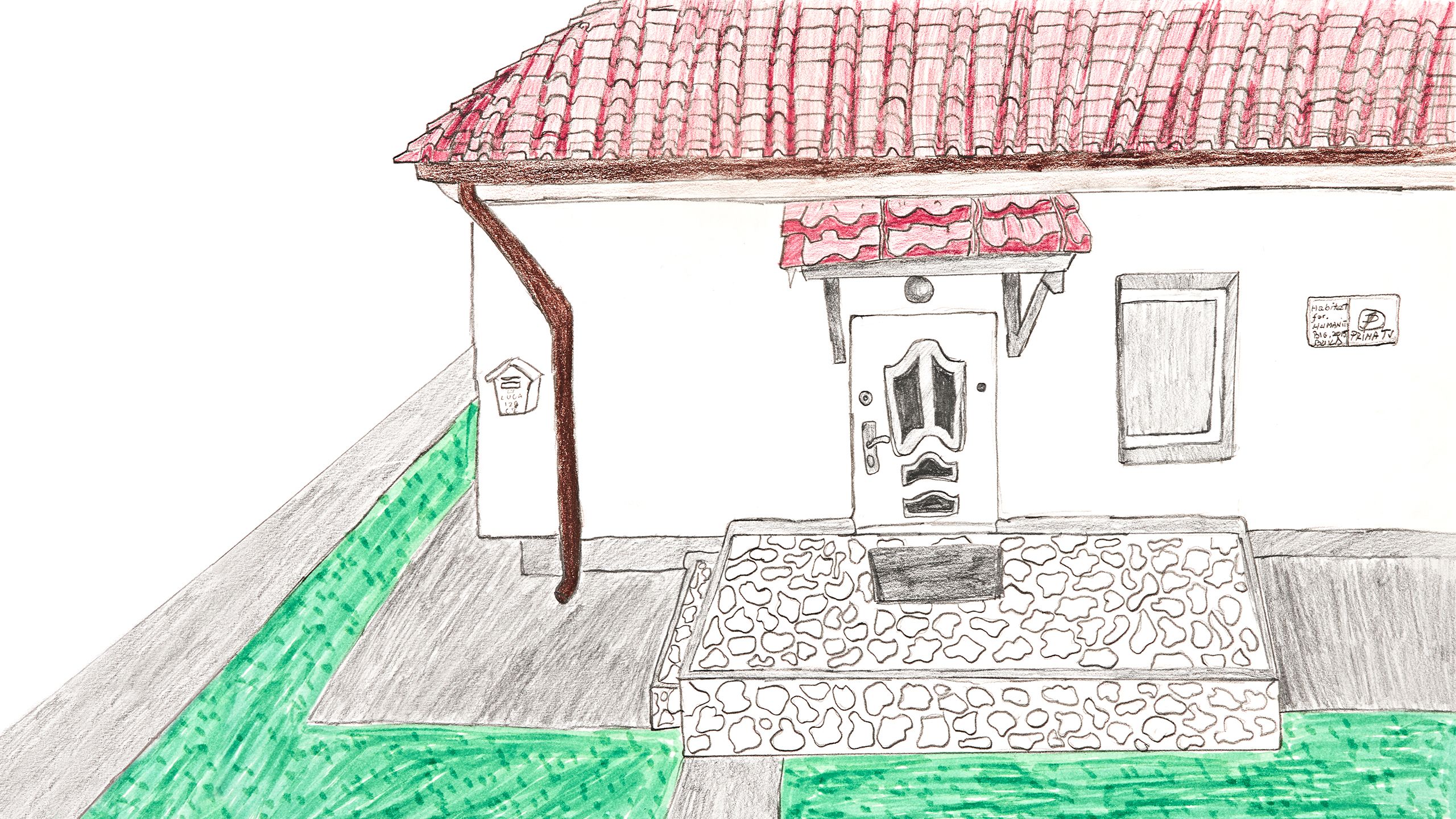 Alessia's house in full color, with a green lawn and red roof tiles.