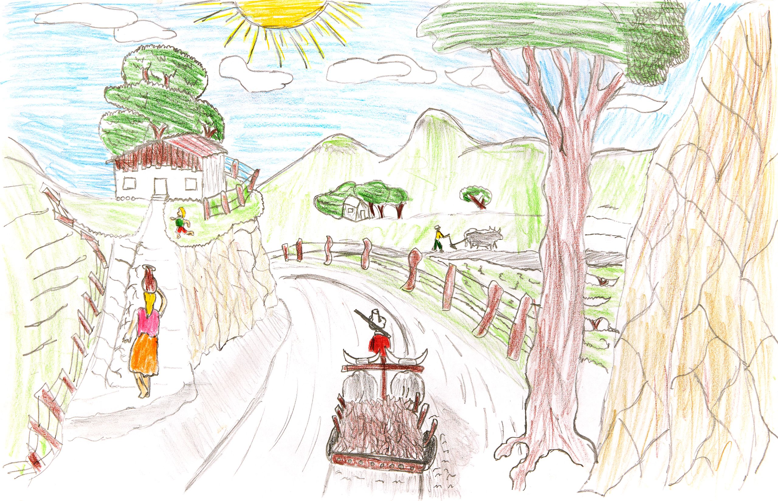 David's colored pencil drawing of his home. A woman walks towards a house perched on a hill, while an ox driver in the foreground travels the road below towards nearby fields. Green mountains rise in the distance.