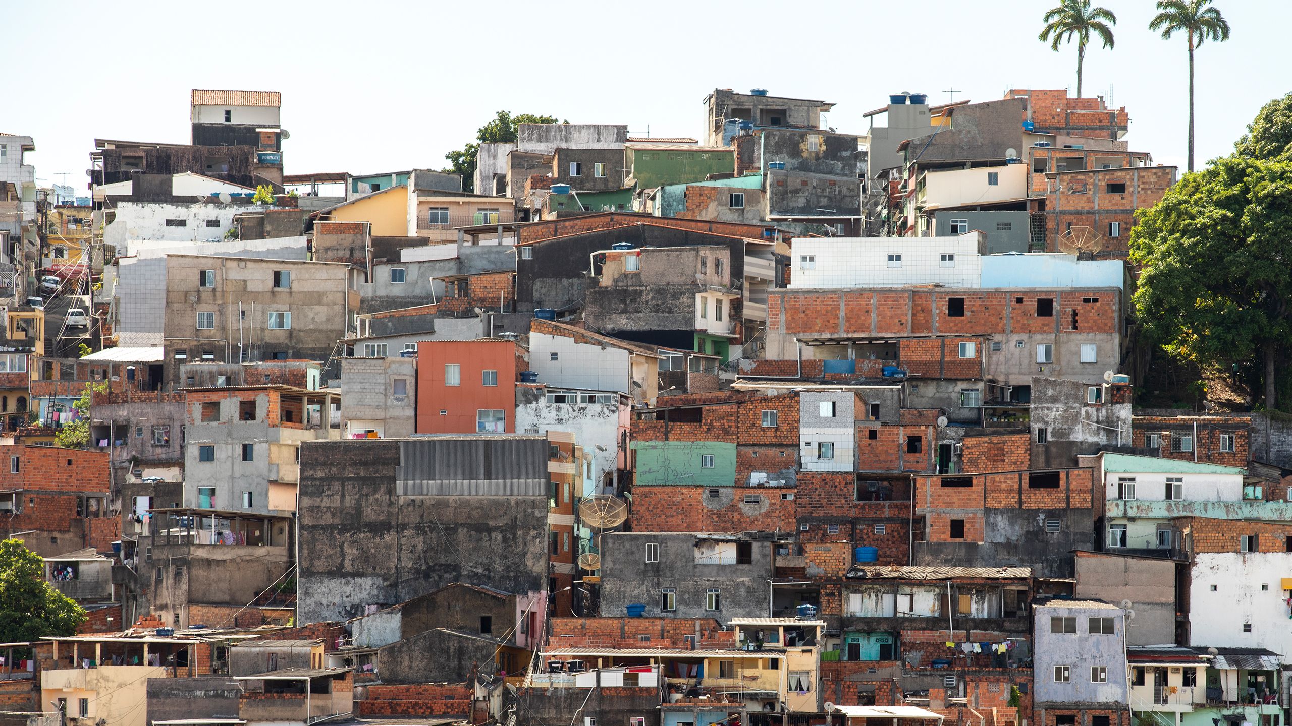A steep hillside in a city in Brazil is full of brick homes, some in disrepair.