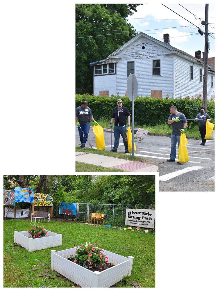 Top: A group of volunteers with bright yellow garbage bags cleans up the street in Central Berkshires. Bottom: A community park with raised beds full of flowers, an open lawn, and murals on the fence in Central Berkshires.