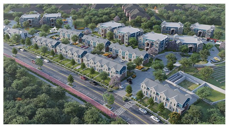 A bird's-eye view rendering of the future development, showing many multi-family houses..