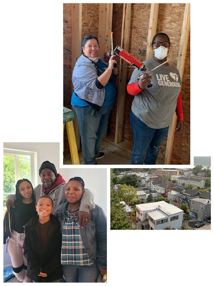 Top: A homeowner works on her new home with a volunteer. Left: A family poses happily inside their new home. Right: Bird's eye view of Dutchess County, a small hilly city on the banks of a river.