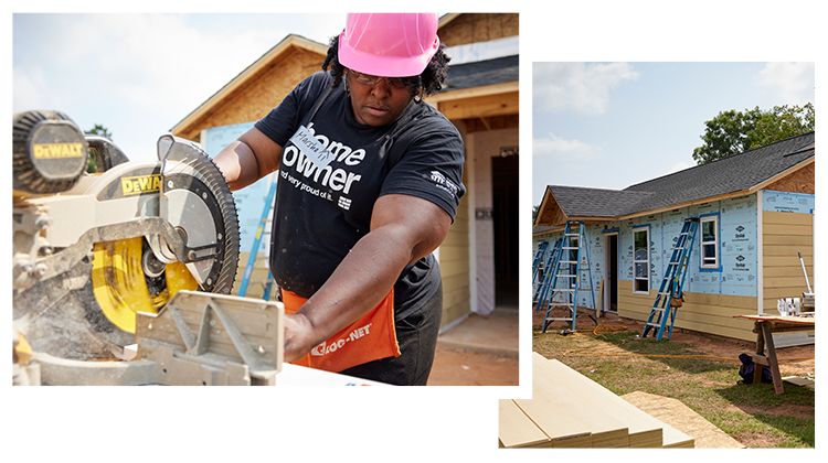 Left: Marsha cuts a stud to length with her house visible behind her. Right: Exterior view of Marsha's nearly completed home.