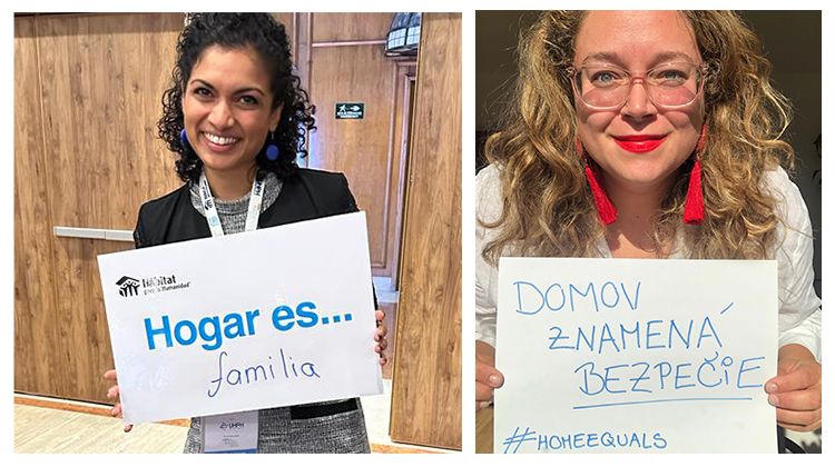 Left: A Habitat staff member in the Latin American and the Caribbean office holds a sign reading 'Hogar es familia' (Spanish: Home equals family). Right: A Habitat staff member in the Europe and Middle East office holds a handwritten sign reading 'domov znamena bezpecie' (Slovak: Home equals safety).