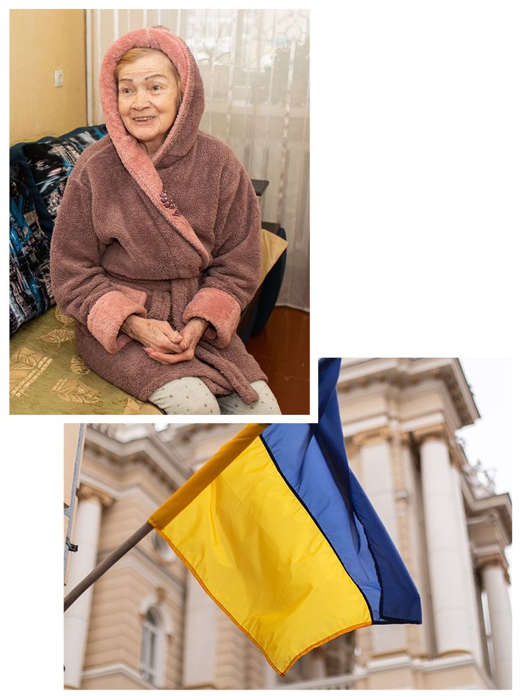 Top: Lydia, a resident of Odessa whose apartment was insulated. Bottom: The blue-and-yellow Ukrainian flag flies against a city backdrop.