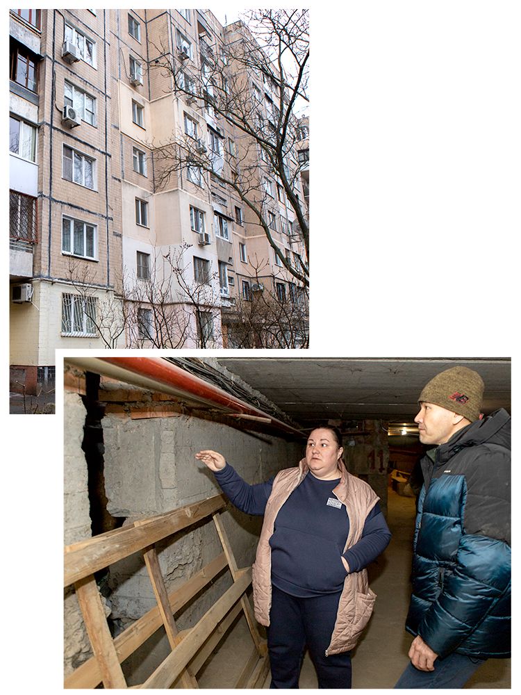 Top: Exterior view of an apartment building in Ukraine on a cold, overcast day. Bottom: Ludmila and a staff member inspect the foundation of a building.