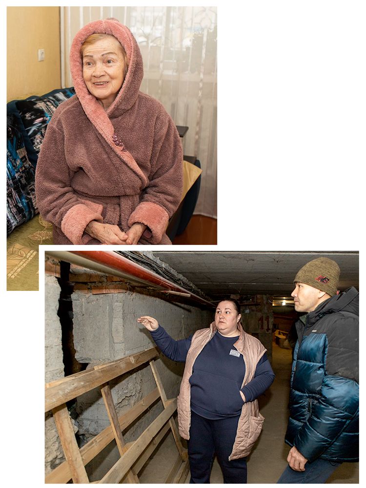 Bottom: Top: Exterior view of an apartment building in Ukraine on a cold, overcast day. Bottom: Ludmila and a staff member inspect the foundation of a building.