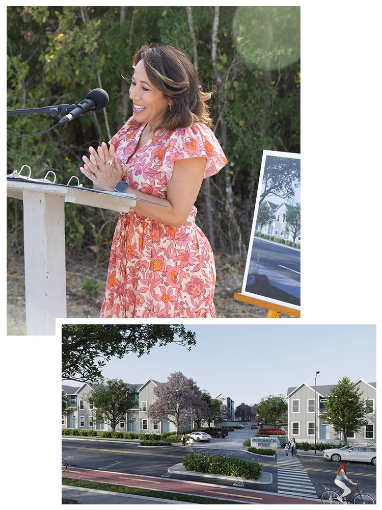 Top: A speaker announces the future Persimmon Point development at an event, with a rendering on an easel behind her. Bottom: A street-level rendering of the future development.