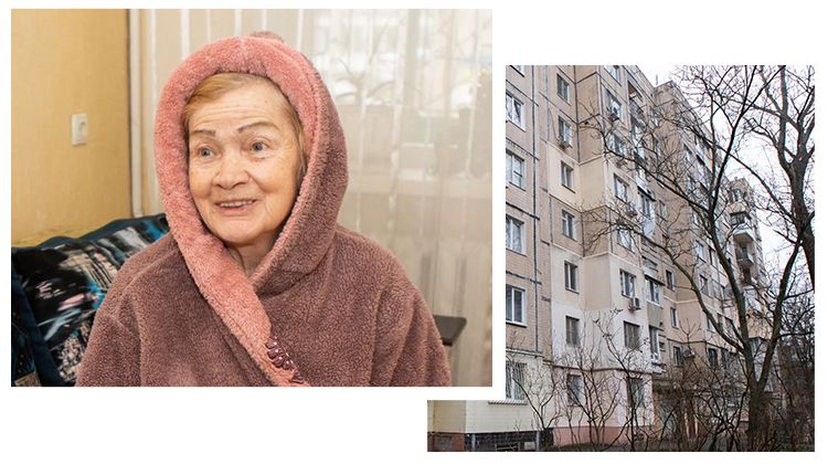 Left: Lydia, a resident of Odessa whose apartment was insulated. Right: Exterior view of an apartment building in Ukraine on a cold, overcast day.