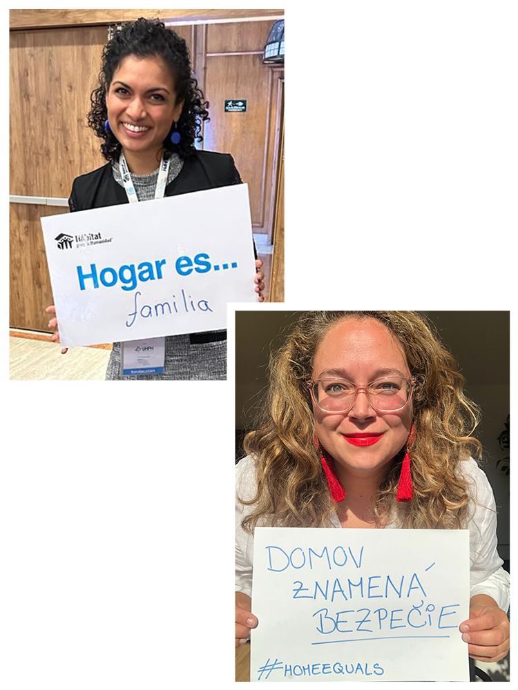 Bottom: A Habitat staff member in the Europe and Middle East office holds a handwritten sign reading 'domov znamena bezpecie' (Slovak: Home equals safety).