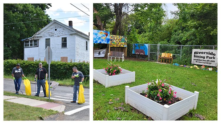 Left: A group of volunteers with bright yellow garbage bags cleans up the street in Central Berkshires. Right: A community park with raised beds full of flowers, an open lawn, and murals on the fence in Central Berkshires.