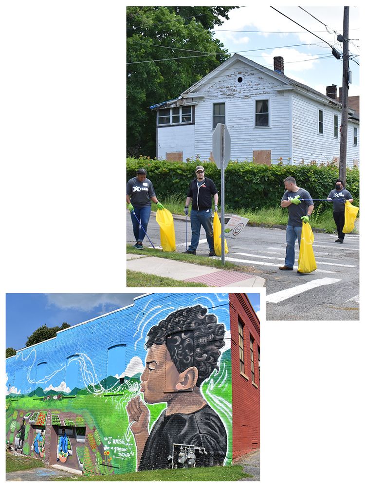 Top: A group of volunteers with bright yellow garbage bags cleans up the street in Central Berkshires.Bottom: A large, colorful mural of a young Black boy blowing bubbles across an open landscape on the side of a building in Central Berkshires.