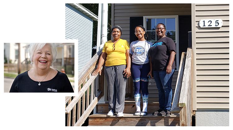 Right: The homeowner from the first photo stands proudly on the steps of her completed home with her family. Left inset: Portrait of Maureen Brennan Lashlee.