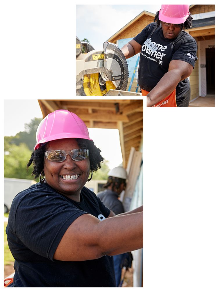 Top: Marsha cuts a stud to length with her house visible behind her.