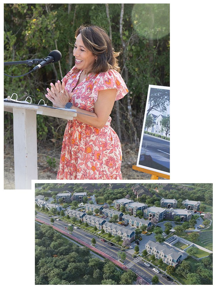 Bottom: A bird's-eye view rendering of the future development, showing many multi-family houses..