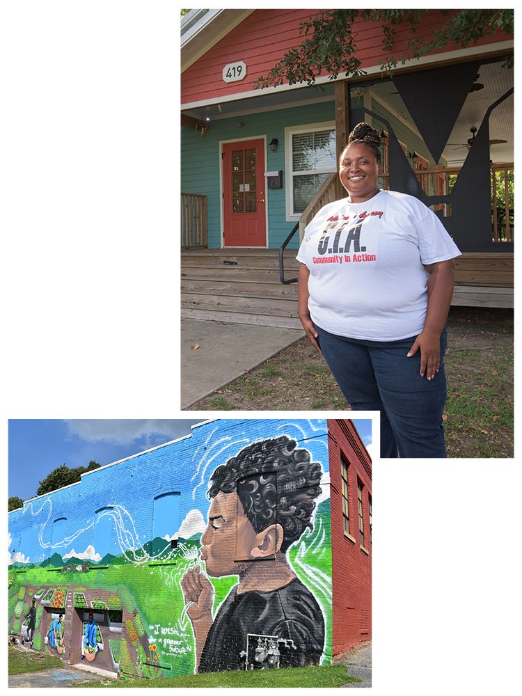 Top: Tina stands in front of the completed community center in Lafayette. Bottom: A large, colorful mural of a young Black boy blowing bubbles across an open landscape on the side of a building in Pittsfield.