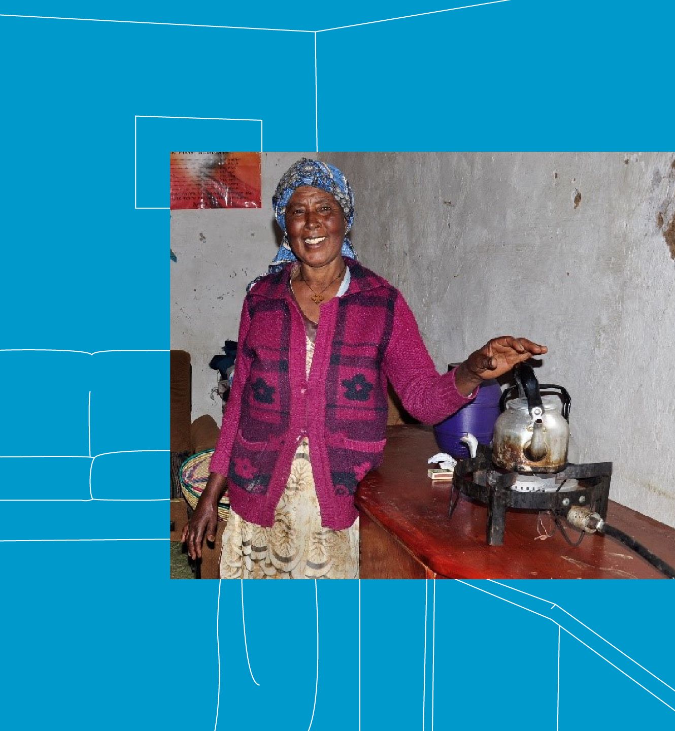 A woman boils water in a cookstove. She wears a patterned headscarf and sweater.