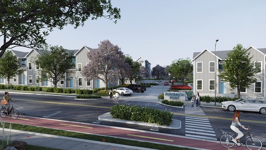 Rendering of Persimmon Point at street view, showing a row of gray townhomes with bright teal doors. The rendering also shows bike lanes along the roads with sidewalks and crosswalks.