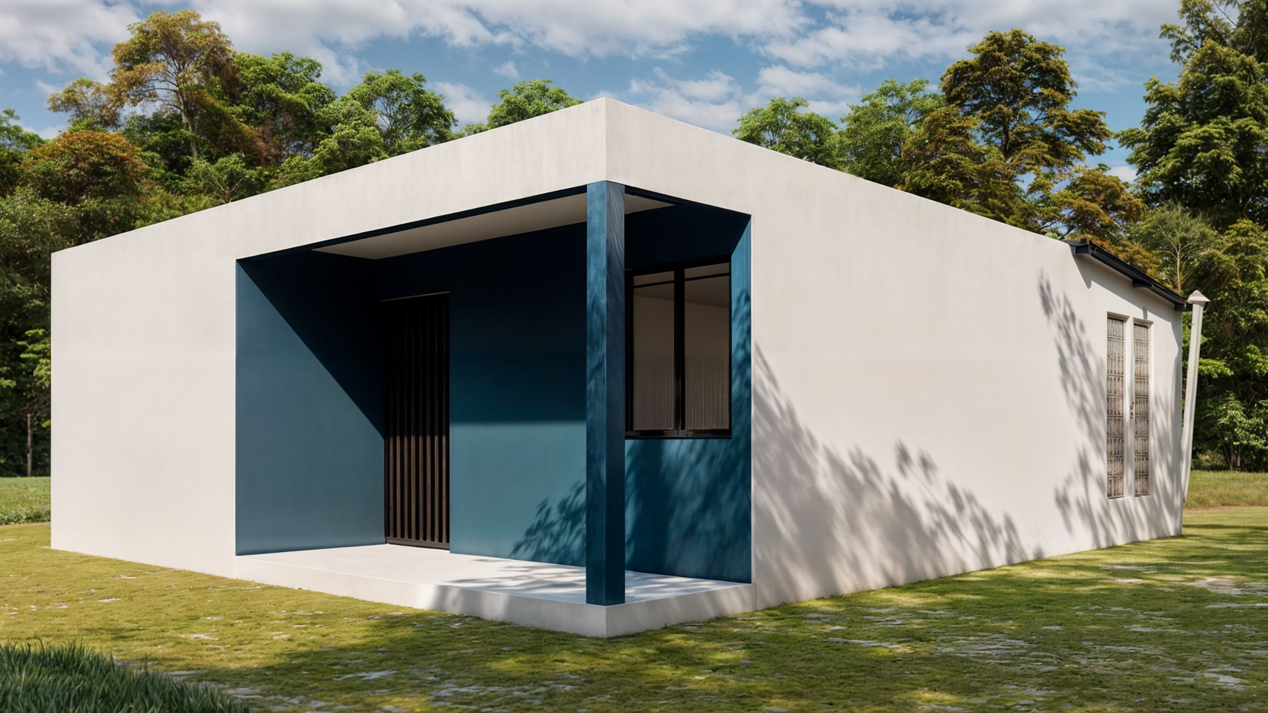 Exterior view of a Monte Sión house, a boxy white stucco building with an inset porch painted bright teal.