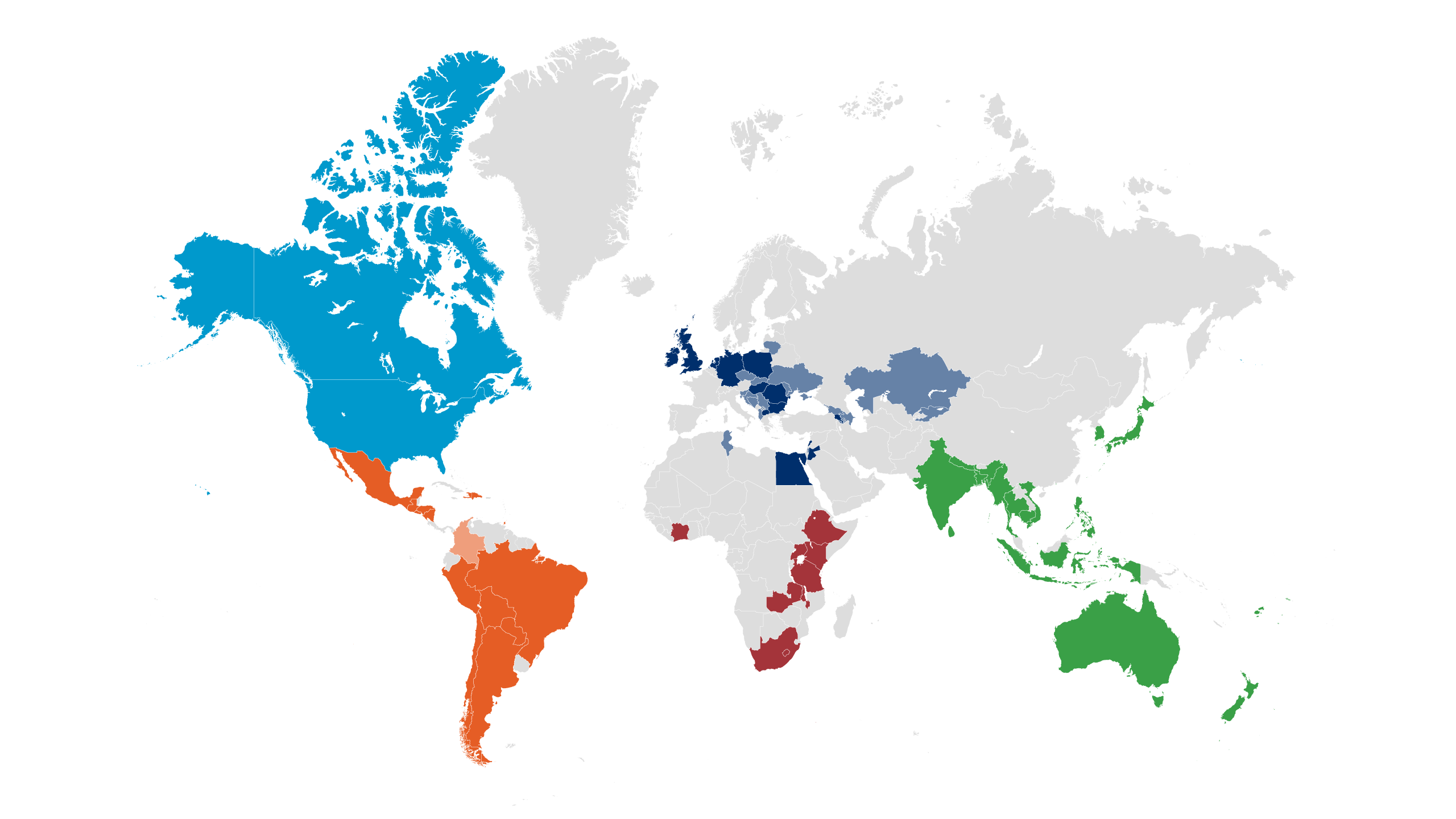 Map of countries served by Habitat in FY2022 across four regions. See the "where we work" link for the full list.
