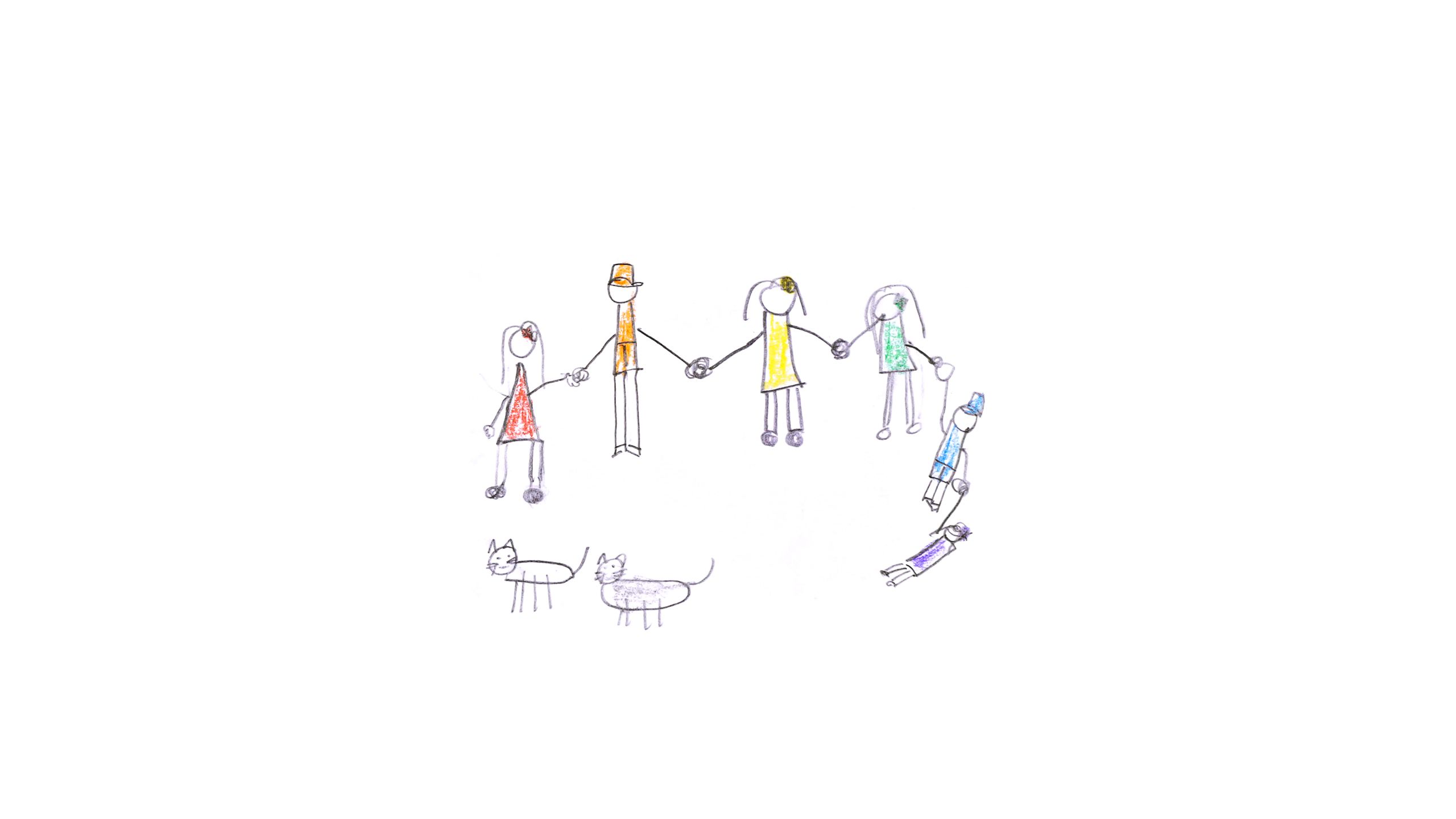Pencil and crayon drawing of a circle of people holding hands, dressed in rainbow clothes, with two cats completing the circle.